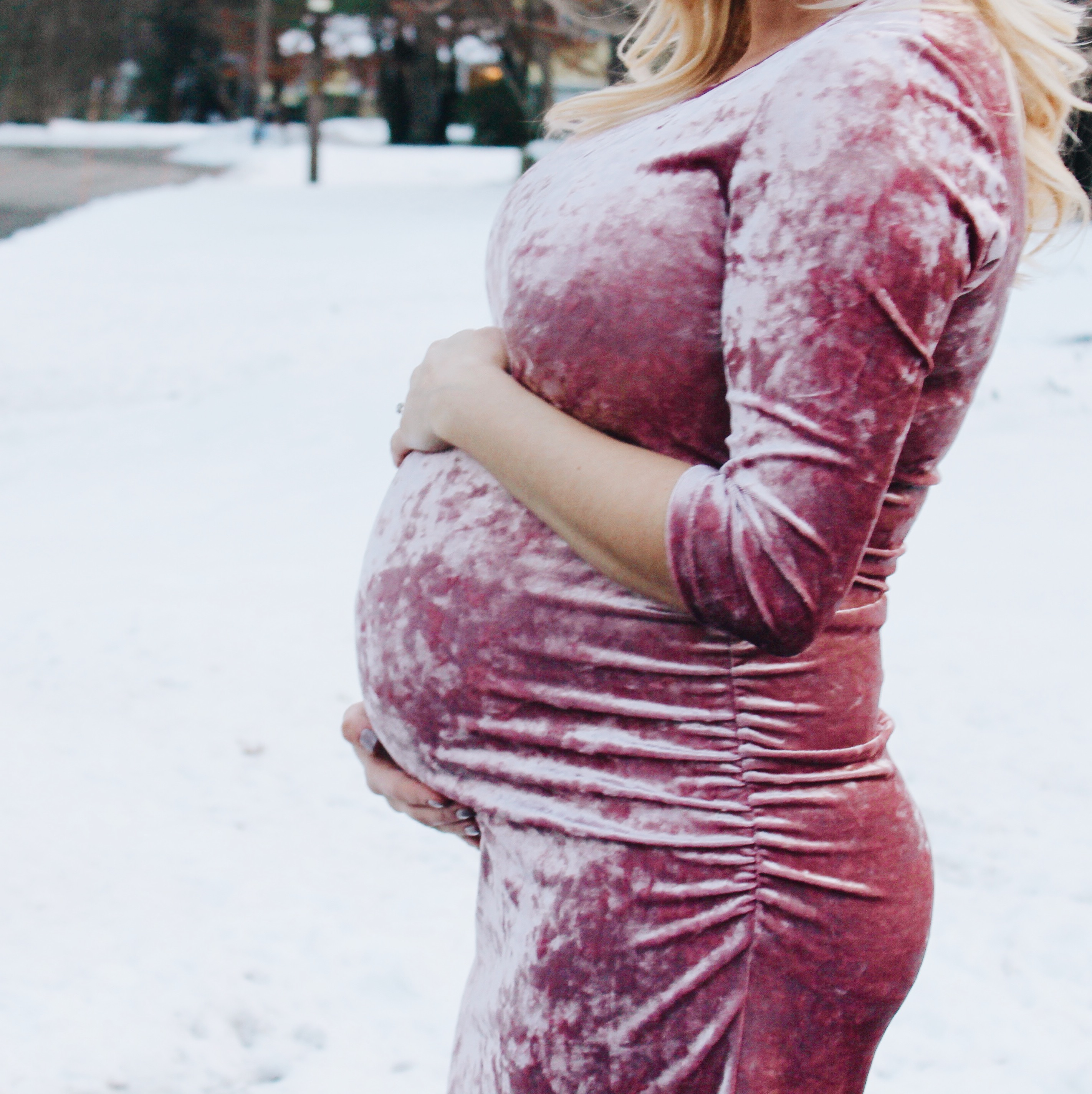 Pink crushed velvet ruched maternity dress from Pink Blush review via Market Street Petite blog