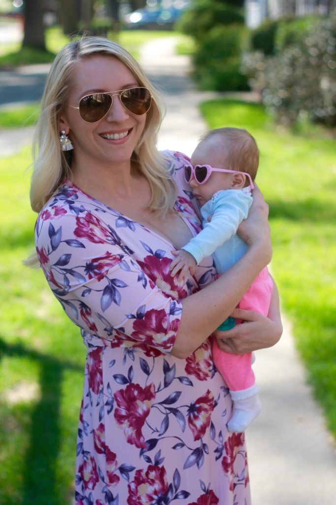 Mama and baby | Wearing floral maternity maxi dress from PinkBlush.com | Market Street Petite