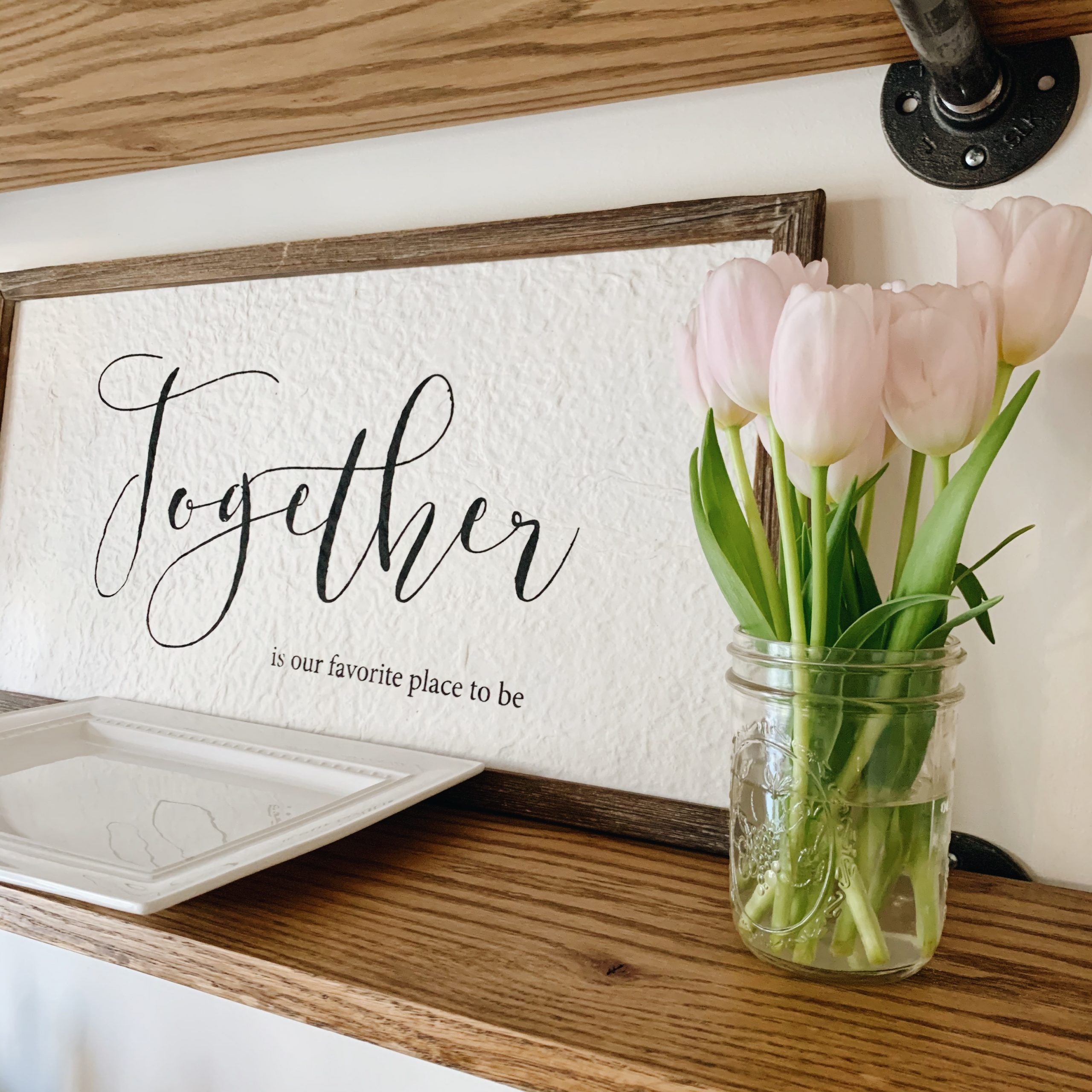"Together is my favorite place to be" farmhouse style wooden sign on shelf | Our Little Home Style Blog