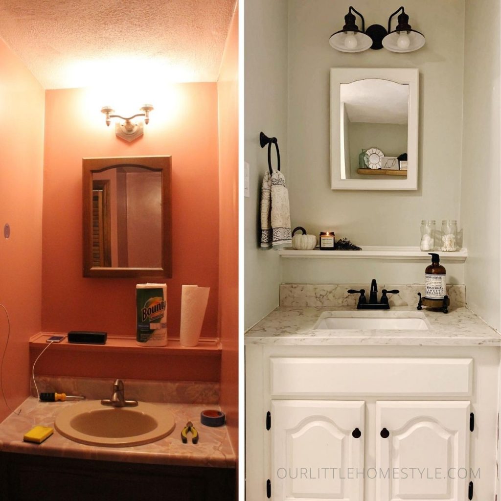 Before and After photo of bathroom update | New lighting fixture, painted medicine cabinet, vanity and new countertop | outlittlehomestyle.com